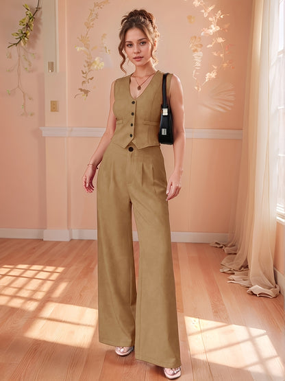 Design-Savvy Red Mini-Chic Sleeveless Suit Vest and Wide-Leg Pants Two-Piece Set