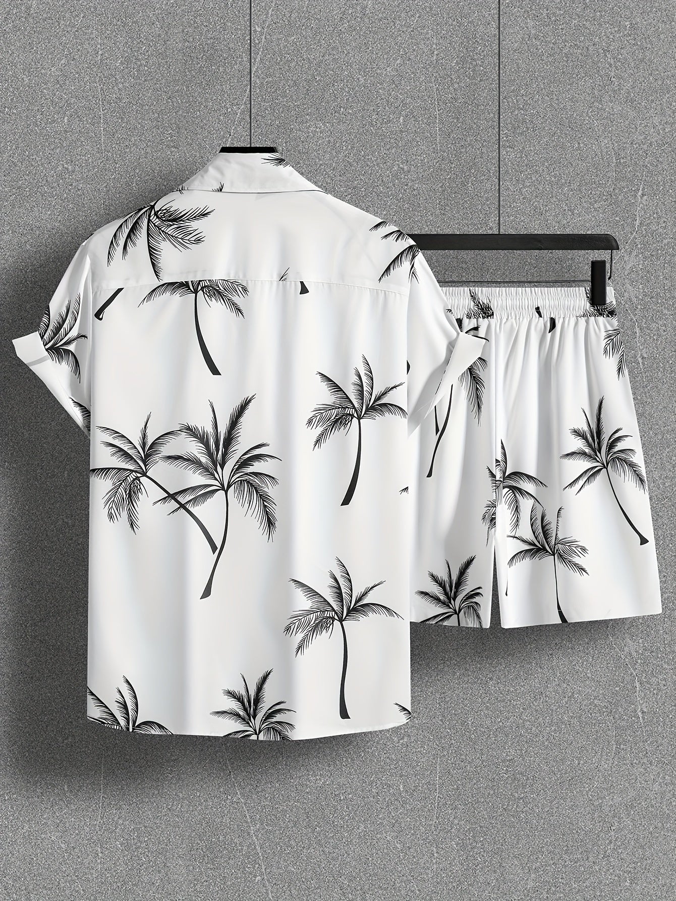 Coconut Tree Print, Men's 2Pcs Outfits, Casual Camp Collar Lapel Button Up Short Sleeve Shirts Hawaiian Shirt And Drawstring Shorts Set For Summer, Men's Clothing