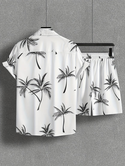 Coconut Tree Print, Men's 2Pcs Outfits, Casual Camp Collar Lapel Button Up Short Sleeve Shirts Hawaiian Shirt And Drawstring Shorts Set For Summer, Men's Clothing