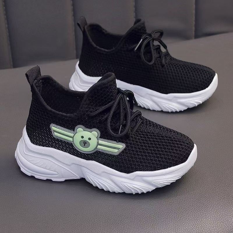 Youngsters' Breathable Cartoon Bear Sneakers - Cute Low-Top Lace-Up Shoes for Boys & Girls, Lightweight & Comfortable with Rubber Sole, Animal Print Design, All-Season Wear, Black/Green & Pink/Purple Options, Kid Shoes, Young