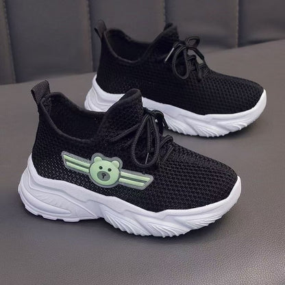 Youngsters' Breathable Cartoon Bear Sneakers - Cute Low-Top Lace-Up Shoes for Boys & Girls, Lightweight & Comfortable with Rubber Sole, Animal Print Design, All-Season Wear, Black/Green & Pink/Purple Options, Kid Shoes, Young