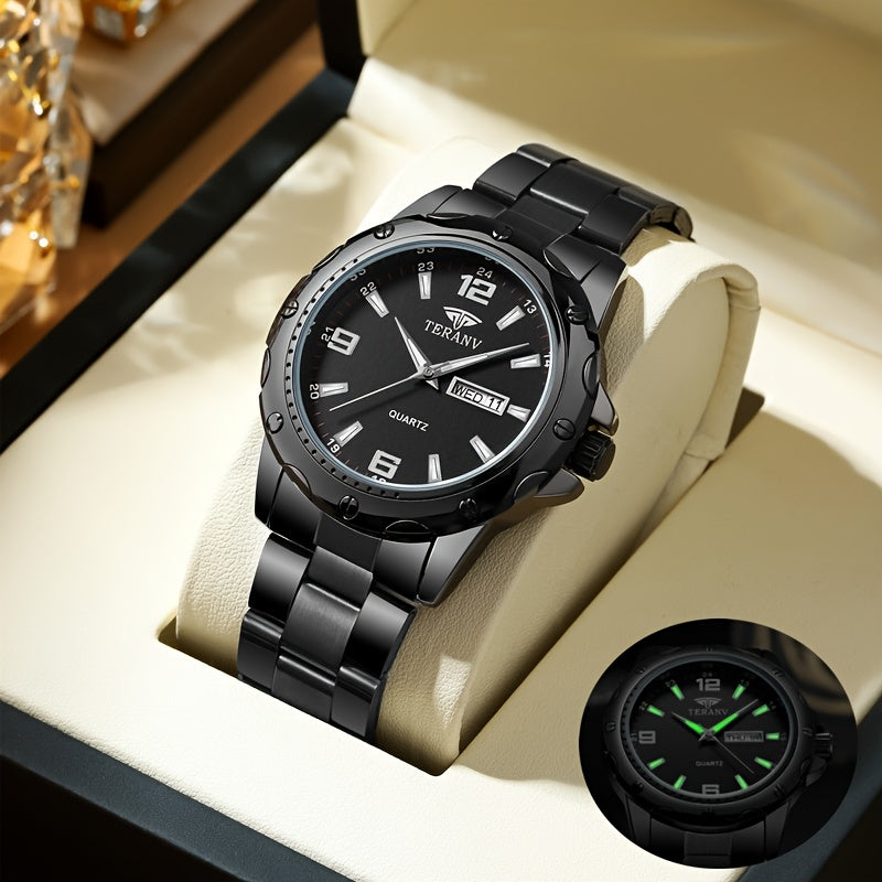 Elegant Men's Stainless Steel Quartz Watch - IPX7 High Quality, Luminous Hands, Date & Day Display, Business Casual Sporty Design for Everyday & Water Activities, Versatile Wristwatch, Sleek Strap Design, Glowing Markers