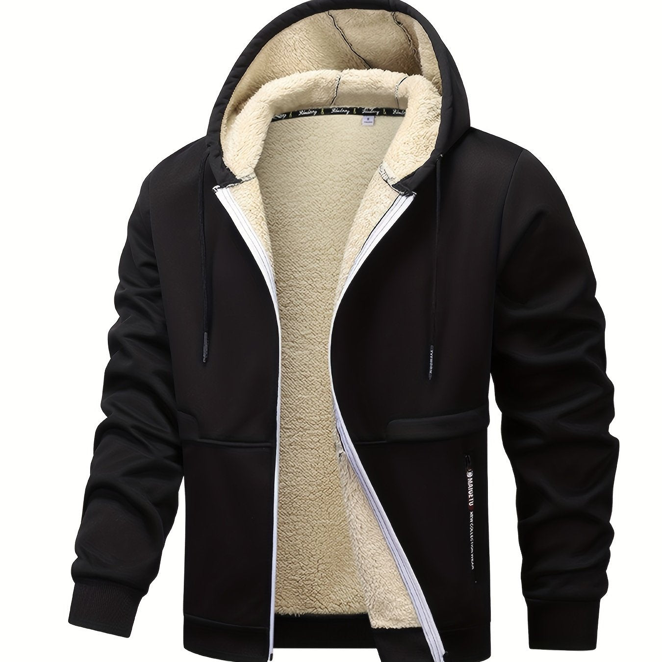 1pc Men'S Casual Style Hooded Jacket, Thick Fleece Lined, Warm Autumn/Winter Fashion, Solid Color, Polyester Knit with Pockets, Regular Fit