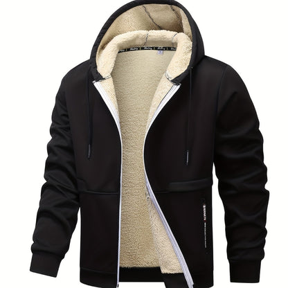 1pc Men'S Casual Style Hooded Jacket, Thick Fleece Lined, Warm Autumn/Winter Fashion, Solid Color, Polyester Knit with Pockets, Regular Fit