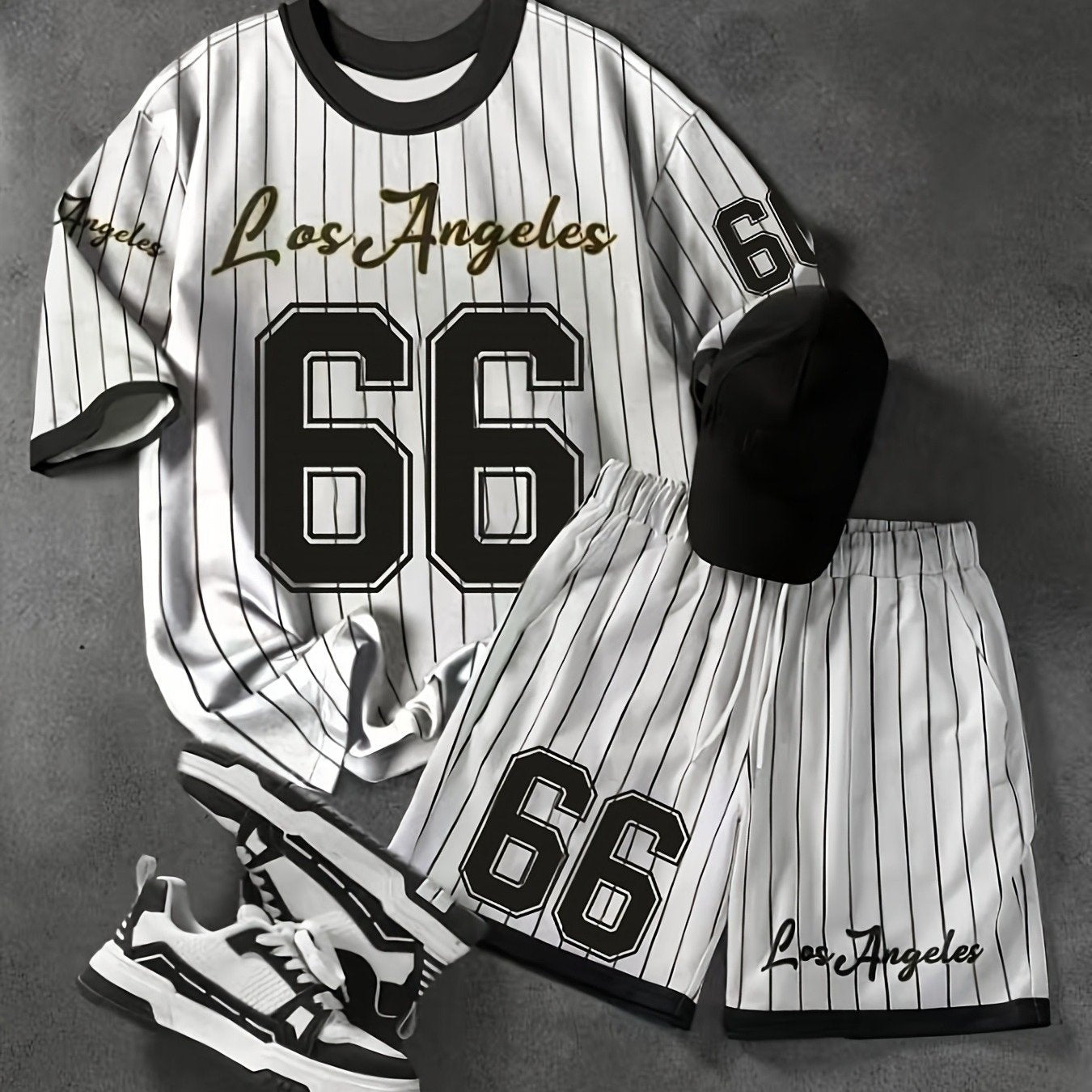 2pcs Set, Men'S Plus Size Los Angeles 66 Print T-Shirt + Shorts - Casual Sportswear, Breathable Stretch Knit Fabric, Crew Neck, Machine Washable, Black and White Diagonal Stripe, Party Clothing | Casual Style | Comfort Fit, L