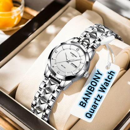 1pc BANBONY Women's Stainless Steel Quartz Watch with Rhinestone Accents, Scratch-Resistant Luminous Dial, IPX7 Waterproof, Week Calendar Display, Blue Dial & Golden-Tone Case - Luxury Casual Sports Watch for Birthdays, Holid
