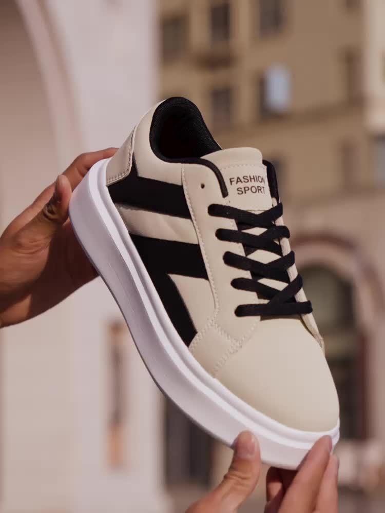Men's Casual Athletic Sneakers - Comfortable Low-Top Lace-Up Shoes with Geometric Design, Black & Beige, EVA Sole, Microfiber Upper for Casual Attire and Sports