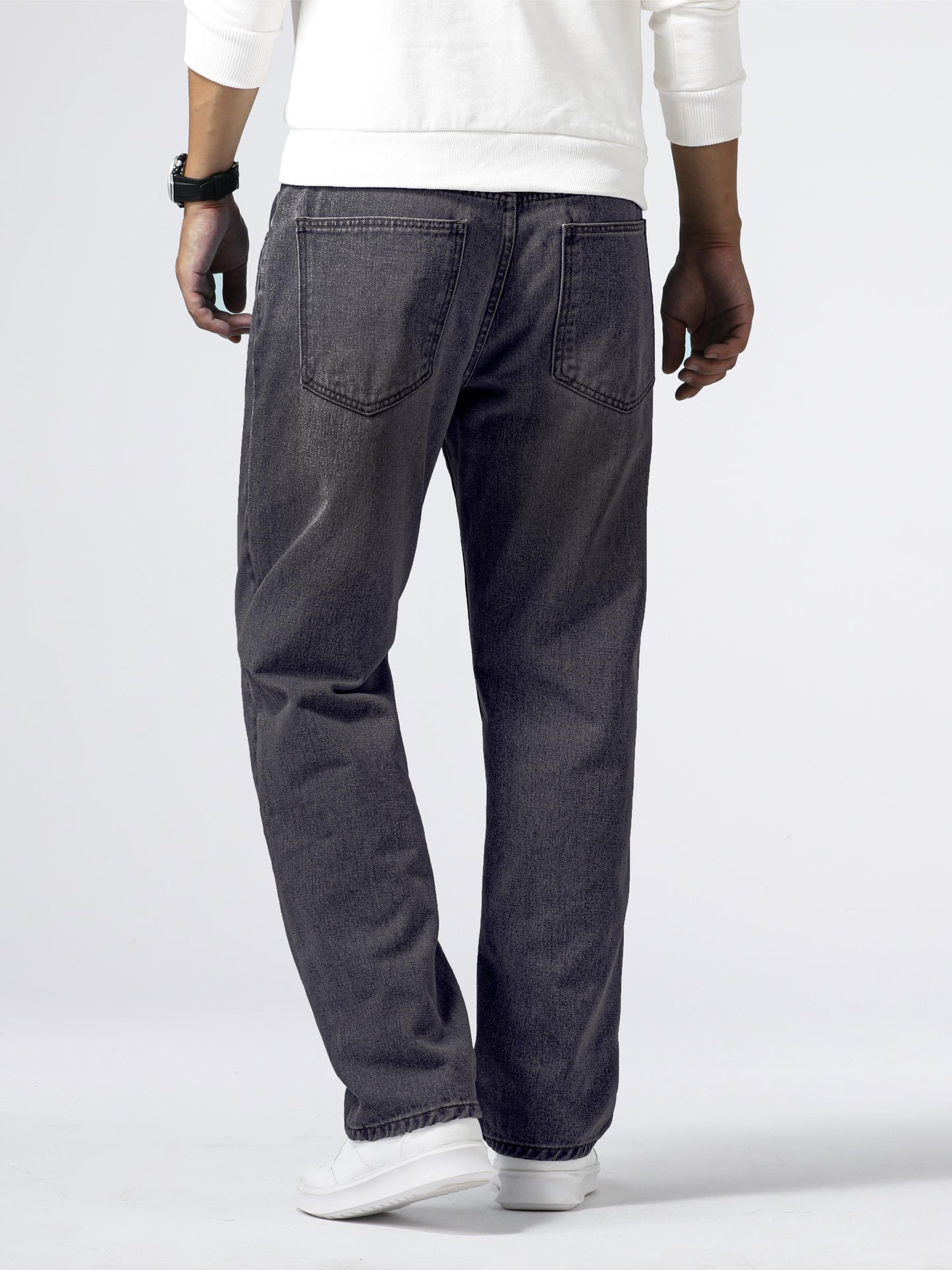 Men'S Loose Fit Straight Leg Jeans, Cotton 85% Polyester 15% Denim, Washed Solid Color Casual Style