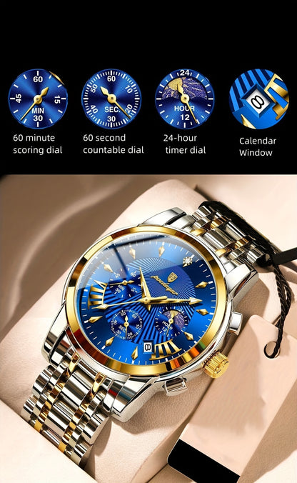 [Sophisticated Charm] Men's Multifunctional Fashion Watch - Waterproof Quartz Wristwatch with Chronograph, Stainless Steel Band, Blue Dial & Golden Accents, Ideal Gift for Men, Casual Timepiece|Contemporary Watch|Golden Accen
