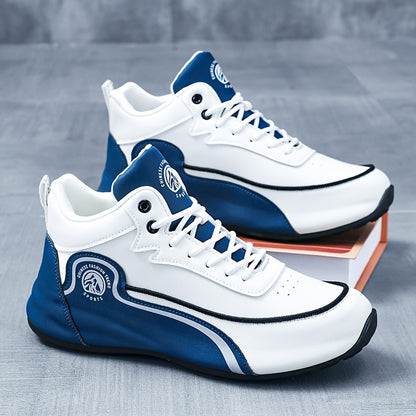 Men'S Lightweight Breathable Running Shoes - Classic Low-Top Design with Thick Cushioned Sole, White & Navy Blue Striped & Graphic Pattern, Lace-Up Closure for Hiking, Casual & Outdoor Wear - Spring/Fall Fashion Sneakers, Hik