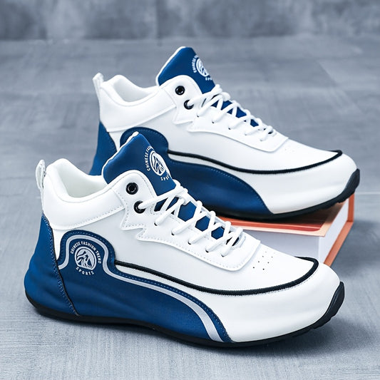 Men'S Lightweight Breathable Running Shoes - Classic Low-Top Design with Thick Cushioned Sole, White & Navy Blue Striped & Graphic Pattern, Lace-Up Closure for Hiking, Casual & Outdoor Wear - Spring/Fall Fashion Sneakers, Hik