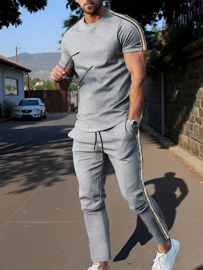 Cross-Border New Summer 2pcs Short-Sleeved T-Shirt And Long Pants Casual Men'S Casual Outdoor Sports Suit, Side Stripe Casual And Fashionable Men'S 2pcs Set