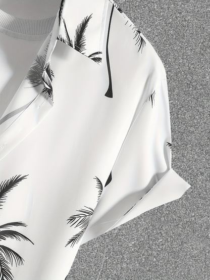 Coconut Tree Print, Men's 2Pcs Outfits, Casual Camp Collar Lapel Button Up Short Sleeve Shirts Hawaiian Shirt And Drawstring Shorts Set For Summer, Men's Clothing