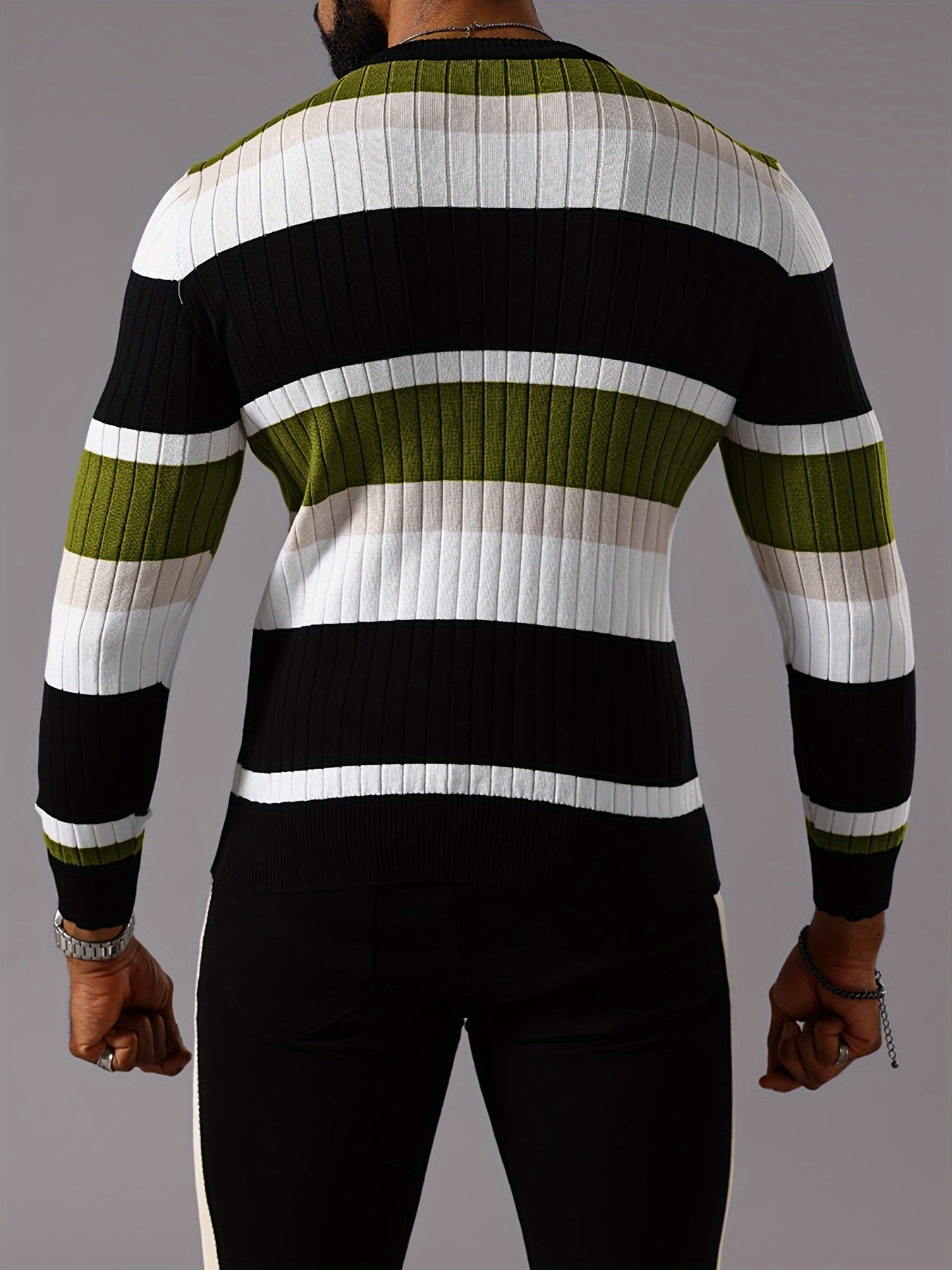 Men's Striped Color-Block Ribbed Knit Sweater - Long Sleeve Round Neck Pullover with Elastic Comfort Fit, Machine Washable Casual Fall Winter Top in Black/White/Green/Beige, Knit Sweater, Medium Elasticity