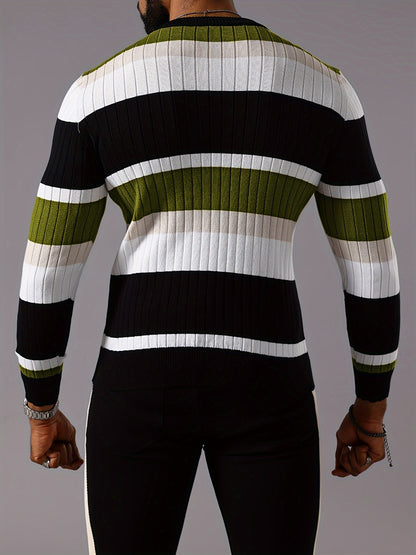 Men's Striped Color-Block Ribbed Knit Sweater - Long Sleeve Round Neck Pullover with Elastic Comfort Fit, Machine Washable Casual Fall Winter Top in Black/White/Green/Beige, Knit Sweater, Medium Elasticity
