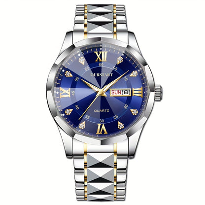 A Men'S Trendy Golden Alloy Luminous Business Casual Quartz Watch with a Steel Band.
