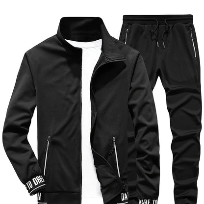 Men'S Casual Sportswear Set - Beige Zip-Up Jacket & Joggers with "DARE TO BE" Print, Long Sleeve, Pockets, and Drawstring Waist, Perfect for Running and Leisure Activities, Spring/Fall Collection, Spring Fall Attire | Zipup J