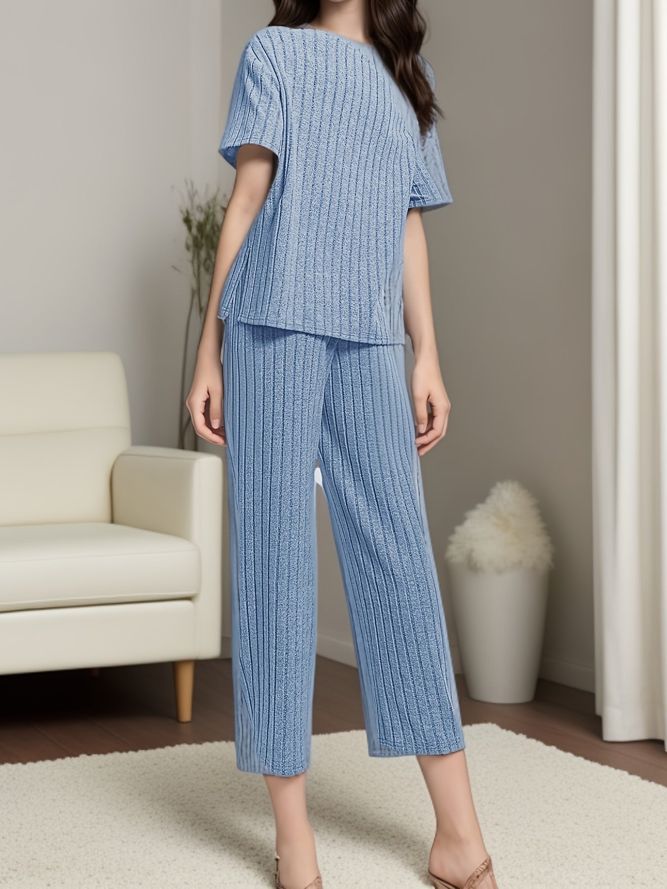 Women's Solid Ribbed Elegant Loose Fit Lounge Set, Short Sleeve Round Neck Top & Pants, Comfortable Relaxed Fit