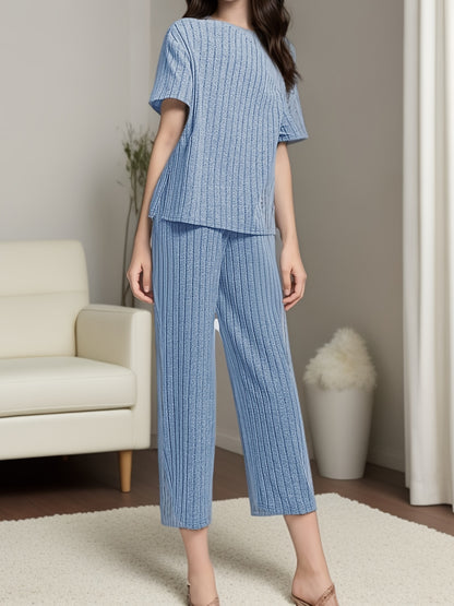 Women's Solid Ribbed Elegant Loose Fit Lounge Set, Short Sleeve Round Neck Top & Pants, Comfortable Relaxed Fit