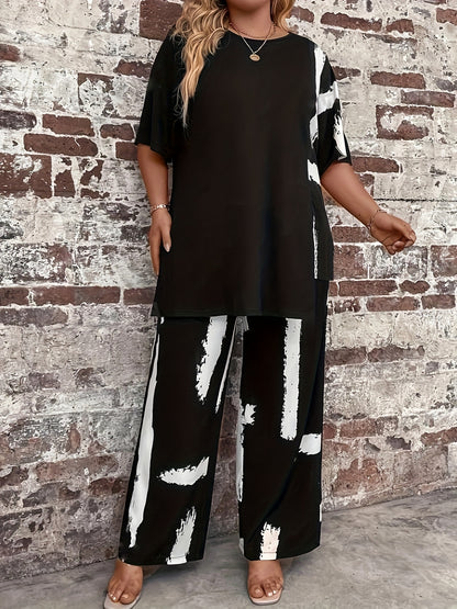 Plus Size Women'S Black Printed Sweater Set - Casual Long Sleeve Pullover with "LOVE" Design, Wide Leg Pants, Non-Stretch Fabric, Perfect for Fall & Winter, Autumn Winter Wear|Casual Style|Comfortable Fit