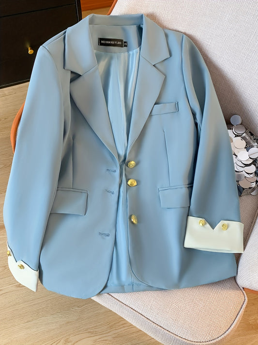 Chic Light Blue Slim-Fit Blazer for Women - Stylish Long Sleeve Work Office Outerwear with Golden Button Details, Elegant Polyester Fabric, Perfect for Spring & Fall