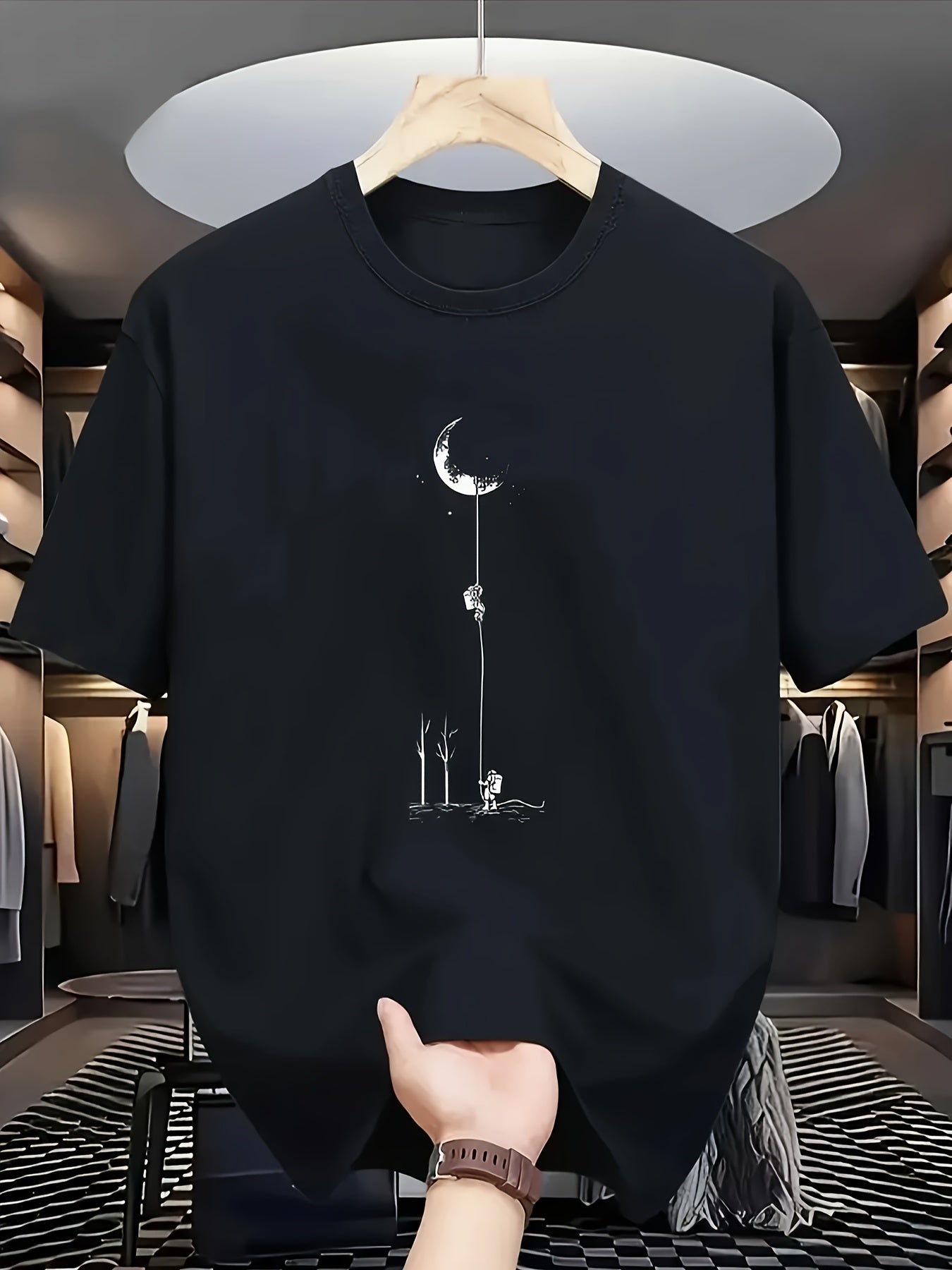 Men's Casual Graphic T-Shirt - Soft Polyester Blend, Crew Neck, Short Sleeve, Summer Style with Unique Moon and Figures Print, Lightweight and Comfortable for Casual Attire, Everyday Tshirt | Artistic Design Shirt | Lightweig