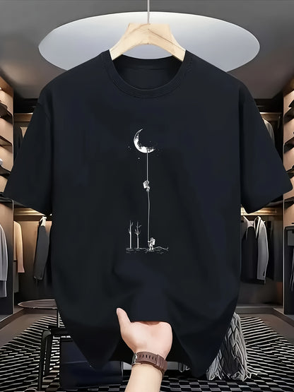 Men's Casual Graphic T-Shirt - Soft Polyester Blend, Crew Neck, Short Sleeve, Summer Style with Unique Moon and Figures Print, Lightweight and Comfortable for Casual Attire, Everyday Tshirt | Artistic Design Shirt | Lightweig