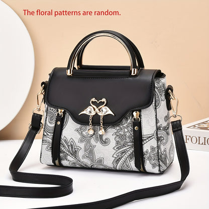 Elegant Floral Embroidered Handbag for Women - Adjustable Strap, Zipper Closure, Polyester Lining, Black & White Floral Pattern, Perfect Gift for Mom Or Family, Small Crossbody Purse, Stylish Accessory, Durable Construction