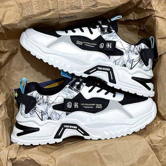 Men's Stylish Platform Sneakers with Wave Pattern - Comfortable, Non-Slip & Durable for Outdoor, Campus Walks & Travel | Lace-Up, Breathable Design, for Autumn, Spring