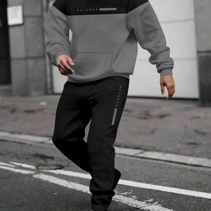 Men'S Fall/Winter Casual Polyester Sweatsuit Set - Long Sleeve Hooded Top with Letter Print & Patchwork Design, Regular Fit Drawstring Joggers, Knit Fabric, Slight Stretch