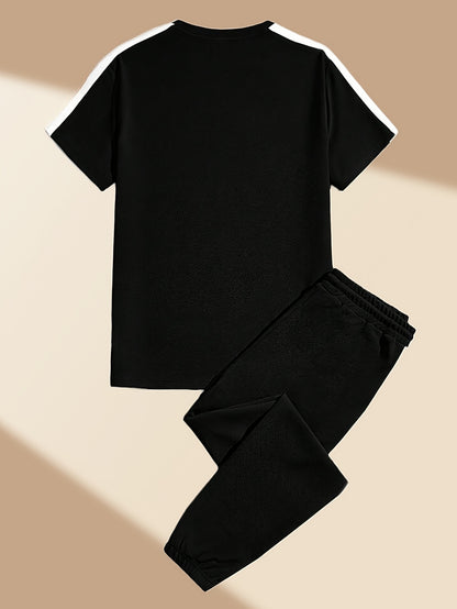 Men's Summer Sports Casual Set with Round Neck T-Shirt and Drawstring Pants Fashion Patchwork Breathable Quick-Dry Top and Bottoms Outfit