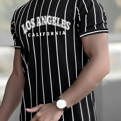 Men's Los Angeles California Graphic T-Shirt - Black & White Striped Casual Streetwear Tee, Breathable Summer Crew Neck Short Sleeve Top, Regular Fit, Everyday Streetwear | Smooth Texture Fabric