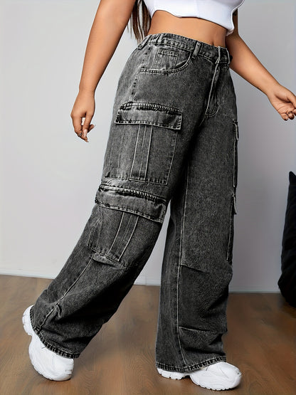 Women's Plus Size Casual Cargo Jeans with Multiple Pockets - High-Rise, Loose Fit Denim in Black, Light Blue & White, Perfect for Casual Attire, Casual Denim Wear | Utility Style Pants | Smooth Texture Jeans
