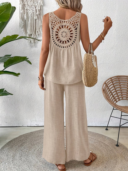Women'S Summer Backless Cut-Out Panel Tank Top + Wide Leg Pants Set - Casual, Simple, Sleeveless, Polyester, Light Beige, Perfect for Spring/Summer, Casual Attire|Backless Top|Polyester Fabri