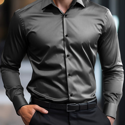 Elegant Men's Solid Color Long Sleeve Dress Shirt with Stylish Contrast Trim - 100% Polyester, Button-Up, Machine Washable - Ideal for Formal & Semi-Formal Occasions