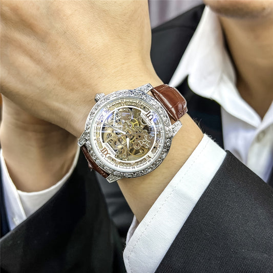 Vintage Hollow Carved Automatic Mechanical Men'S Watch, Fashionable Luxury Men'S Watch, High-end Thickened Mechanical Style Hip-Hop Party Wristwatch, Without Battery