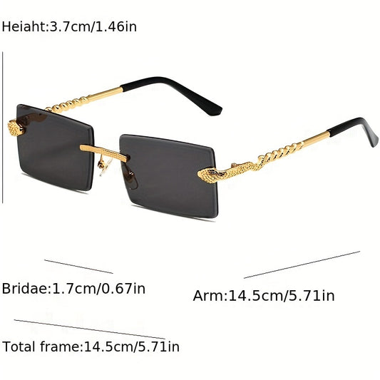 Vintage Style Square Rimless Glasses with Snake Design, Zinc Alloy Frame, Black Lenses, ENSARJOE