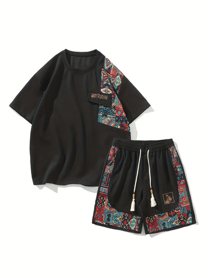 2pcs Men's Summer Casual Outdoor Set, Fashion Ethnic Style Round Neck Short Sleeve T-Shirt and Shorts Suit with Embroidery Design Loose Fit, Short Sleeve + Drawstring Shorts Combo, Suitable for Summer Outdoor Activities