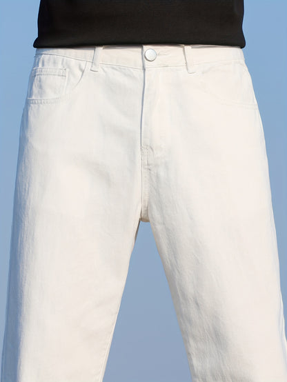 Loose Cotton Blend Men's Solid Wide Leg Pants, Men's Casual Denim Pants, All Seasons