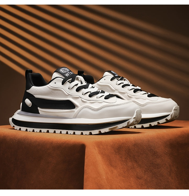 Men's Breathable Casual Sneakers - Trendy Low-Top Lace-Up Sneakers with Soft Rubber Sole, White & Black Design for Spring/Summer, Perfect for Running and Casual Attire, Versatile Running Footwear | Sporty Aesthetic Shoes | Co