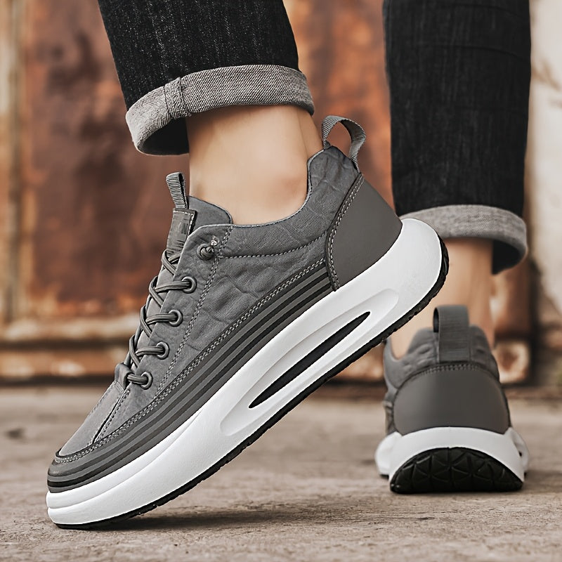 Men's Breathable Casual Sneakers - 2025 Spring New Design, Low-Top Elastic Lace-Up, Grey & White PU Upper with Cushioned EVA Insole & Durable PVC Sole for All-Season Outdoor Running, Gym, Daily Wear, Gym Shoes, Sleek Sporty D