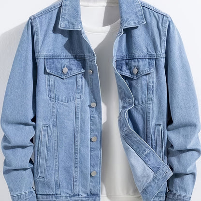 1pc Men'S Casual Slim-Fit Cotton Denim Jacket, Solid Color Lapel Collar with Pockets, Woven Non-Stretch Fabric, 80% Cotton 20% Polyester