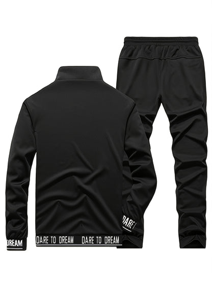 Men'S Casual Sportswear Set - Beige Zip-Up Jacket & Joggers with "DARE TO BE" Print, Long Sleeve, Pockets, and Drawstring Waist, Perfect for Running and Leisure Activities, Spring/Fall Collection, Spring Fall Attire | Zipup J
