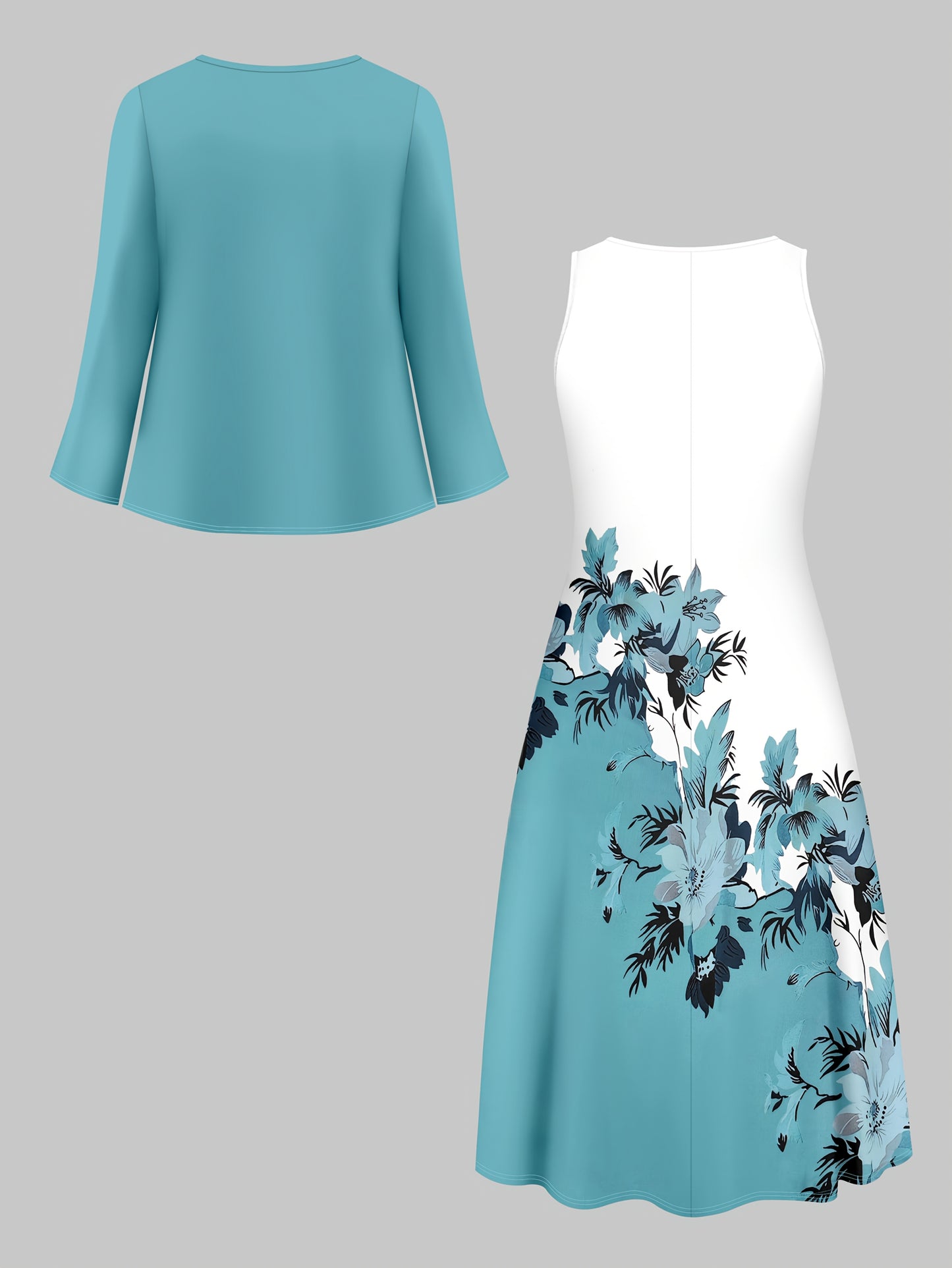 Fashion Women's solid color small cardigan and floral print patchwork dress two-piece set