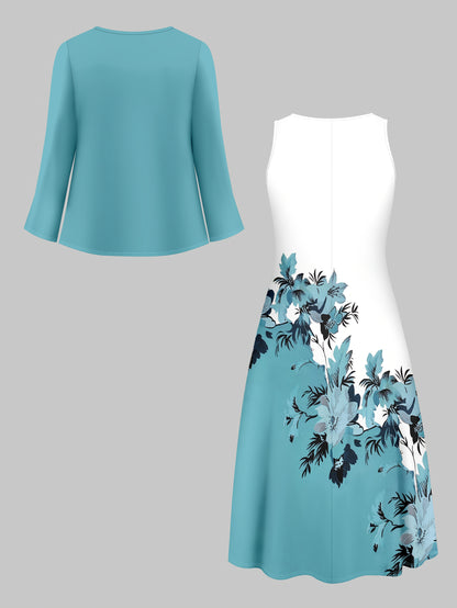 Fashion Women's solid color small cardigan and floral print patchwork dress two-piece set