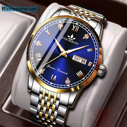 1pc Elegant Rhinestone-Set Stainless Steel Bracelet Watch for Men - Quartz, Date & Calendar Display, Glow-in-the-Dark Hands, Waterproof, Business Casual Style, Ideal Gift for Birthdays & Holidays, Casual Accessory | Elegant W