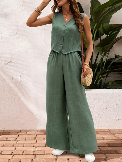 Women'S Elegant Solid Color Sleeveless V-Neck Two-Piece Set - Casual Summer Jumpsuit with Button Placket, Wide Leg Pants, and Beige Wedge Sandals, Casual Attire|Vneck Jumpsuit|Elegant Jumpsuit