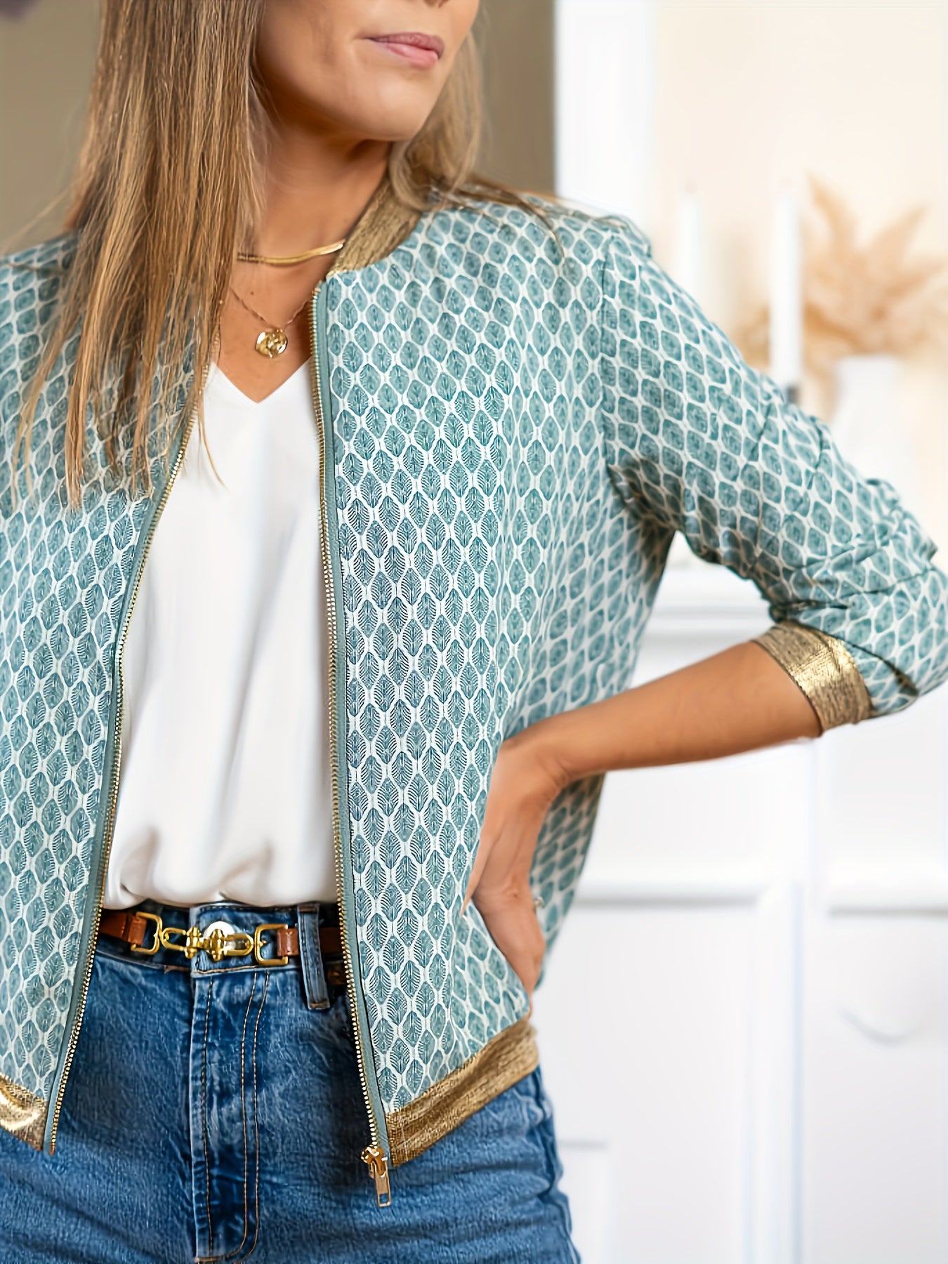 Elegant Special Women'S Fashion Plaid Golden Rimmed Long Sleeve Baseball Jacket