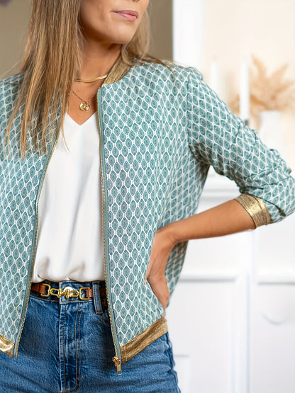 Elegant Special Women'S Fashion Plaid Golden Rimmed Long Sleeve Baseball Jacket