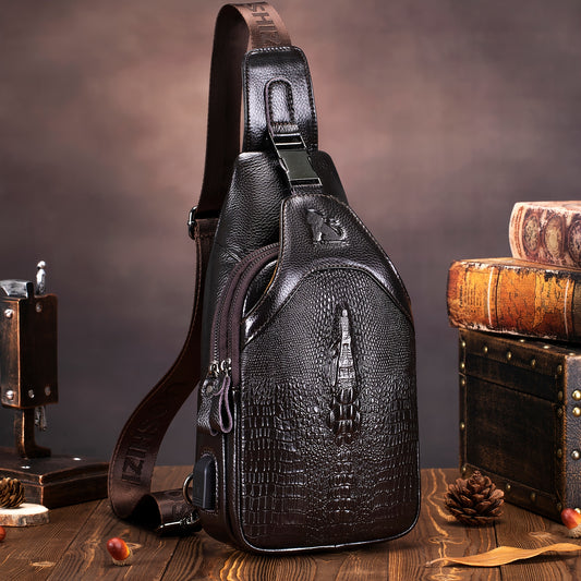 Men's Genuine Leather Crossbody Chest Bag, Top Layer Cowhide Genuine Leather Sling Bag, Large Capacity Double-Layer Chest Bag Shoulder Bag, Perfect for Valentine's Day, Teacher's Day, Back-to-School, Graduation, and Christmas